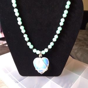 Jade bead necklace with Opal heart pendent